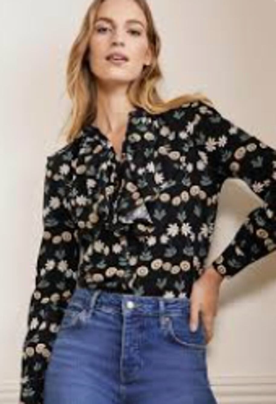 Boden Floral Ruffle Tie Neck Blouse Womens 8R Botanical Print Long Sleeve Top